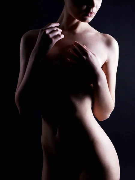 Meztelen Sziluett Sötétben Gyönyörű Szexi Meztelen Test Lány — Stock Fotó