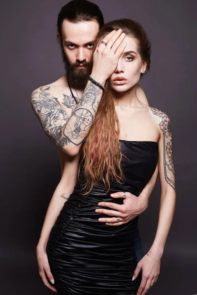 Mode Mooi Paar Samen Tattoo Hipster Jongen Meisje — Stockfoto