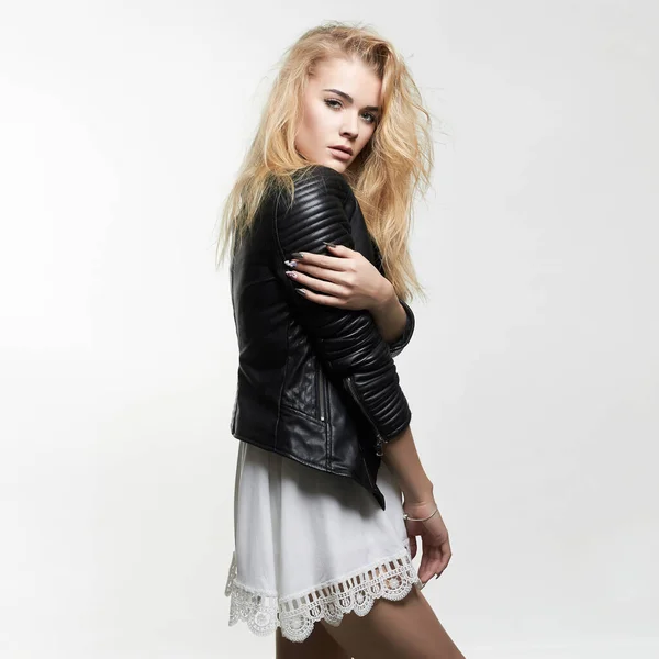 Fashionable Beautiful Woman Blond Hair Leather Coat — Stock Photo, Image