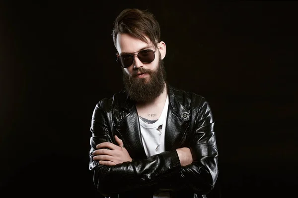 Fashionable Tattooed Handsome Man Sunglasses Brutal Bearded Sexy Boy Leather — Stock Photo, Image