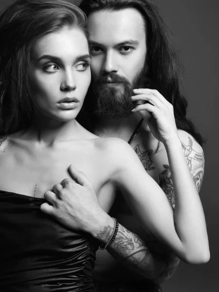 Black White Portrait Beautiful Lovely Couple Sexy Woman Handsome Man — Stock Photo, Image