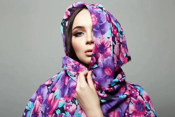Beautiful Young Woman Colorful Flower Hood Beauty Girl Portrait Fashion — Stock Photo, Image