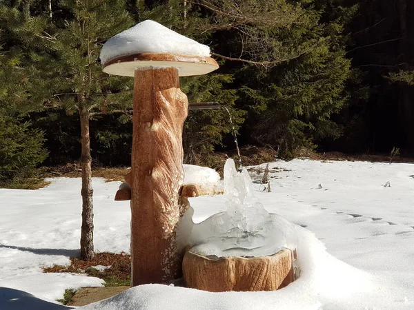 Frozen fountain with a cold mountain drinkable water under snow and ice.