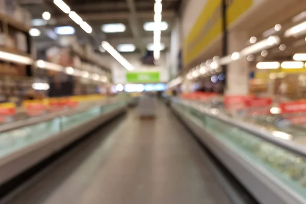 Niewyraźne Wnętrza Duży Sklep Supermarket Centrum Handlowe Wielu Półki — Zdjęcie stockowe