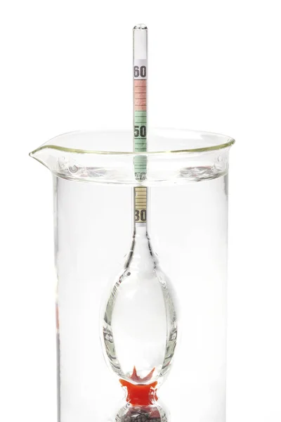 Alcohol Meter Hydrometer in a Laboratory Test Flask on White. — Stock Photo, Image