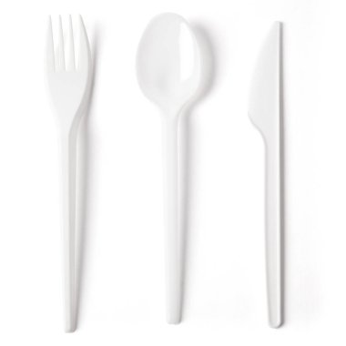 Disposable plastic cutlery fork, spoon and knife with working pats isolated on white. clipart