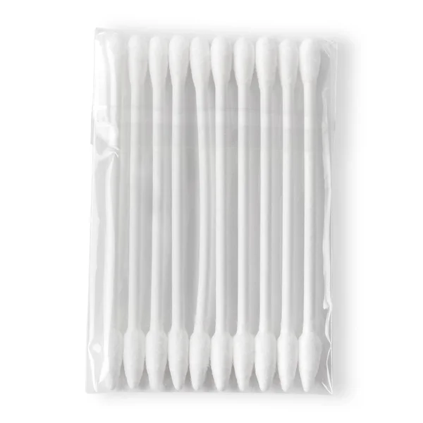 Packaged Single Use Cotton Buds Swabs Ears Isolated White — Stock Photo, Image