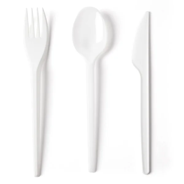 Disposable Plastic Cutlery Fork Spoon Knife Working Pats Isolated White — Stock Photo, Image