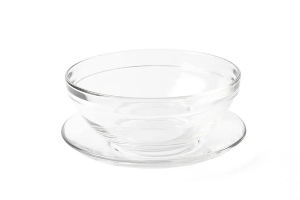 Пустой Прозрачный Стеклянный Сосуд Супа Тарелка Дорожкой Изолированы Белом Фоне — стоковое фото