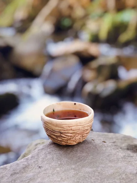 Drinking Tea Nature Waterfall — Stock Photo, Image