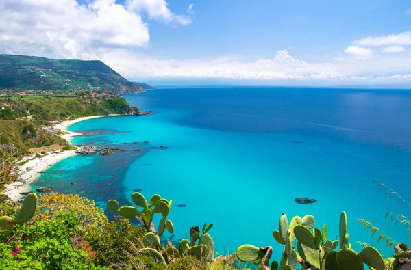 İtalya'dan uçurumlar platformu, kumlu plaj, yeşil dağlar, Sicilia ada, mavi gökyüzü beyaz bulutlar arka plan ve kaktüs bitkiler ön plan, Calabria, Güney Cape Capo Vaticano Ricadi havadan görünümü