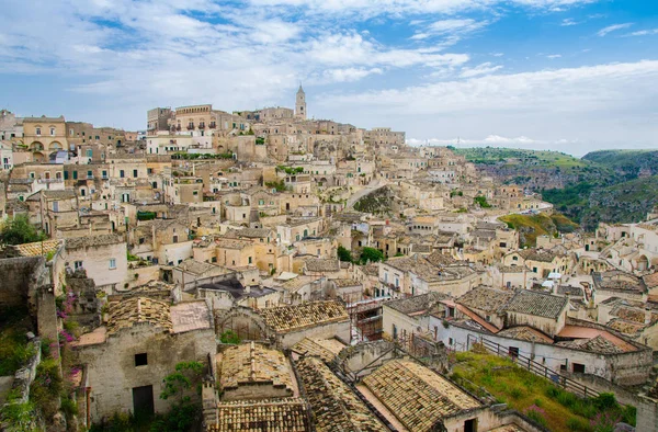 Matera Panorámás Kilátás Történelmi Negyedre Sasso Caveoso Régi Ókori Város — Stock Fotó