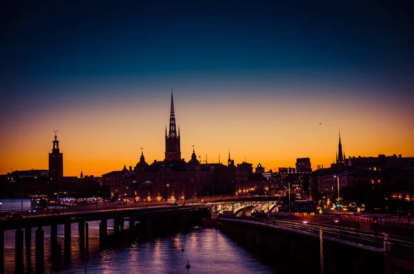 Silueta Stockholm Panorama Panorama Kostel Riddarholmen Nedaleko Malebného Věží Radnice — Stock fotografie