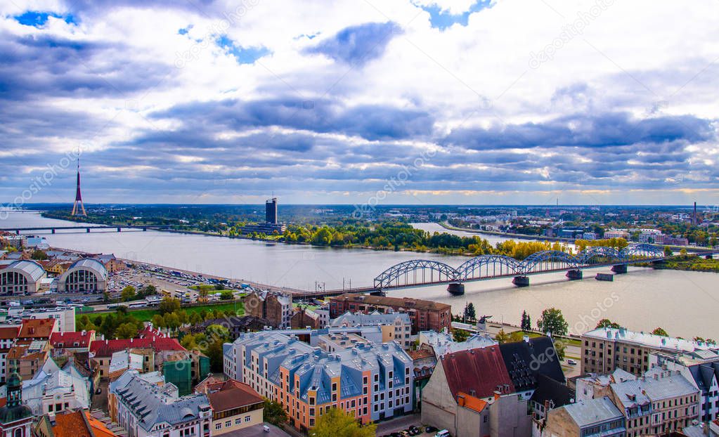 Panorama view of Riga Cityscape Old Town, Riga Radio and TV Tower and River Daugava with bridges from Saint Peter church, Riga, Latvia