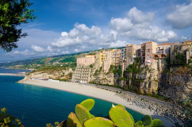 Tropea kasaba ve Tiren Denizi beach, renkli binalar yüksek büyük kayalar üzerine Sanctuary Santa Maria Kilisesi Dell Isola kaktüs ön plan ile görüntülemek Vibo Valentia, Calabria, Güney İtalya