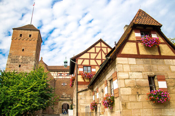 Old medieval castle Heathen Tower Kaiserburg in the city of Nuremberg Nurnberg, Mittelfranken region, Bavaria, Germany