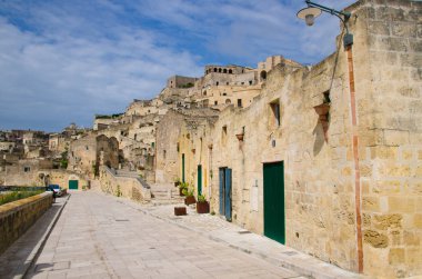 Taş sokaklar ve binalar Matera tarihsel manzaralı merkezi Sasso Caveoso tarihi antik kent Sassi di Matera, Avrupa kültür başkenti, Unesco Dünya Mirası, Basilicata, Güney İtalya