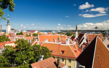 Eski Tallinn şehir panoramik manzaralı geleneksel kırmızı kiremit çatılar, ortaçağ kilise, kuleleri ve duvarlardan Kohtuotsa Vaateplatvorm Toompea Hill, Estonya
