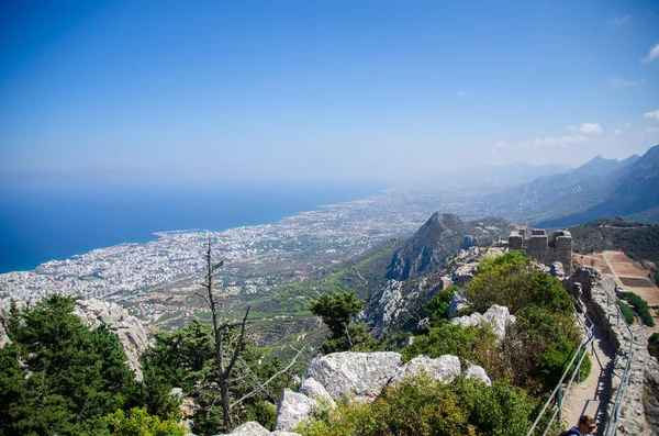 View Kyrenia Girne Mountains Town Medieval Saint Hilarion Castle Front — Stock Photo, Image