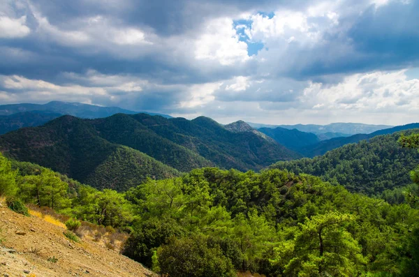 Kikkos Manastırı alan yeşil tepelerin ve çam ormanları önünde bulutlu gökyüzü, Kıbrıs Troodos Dağları aralığının panoramik üstten görünüm