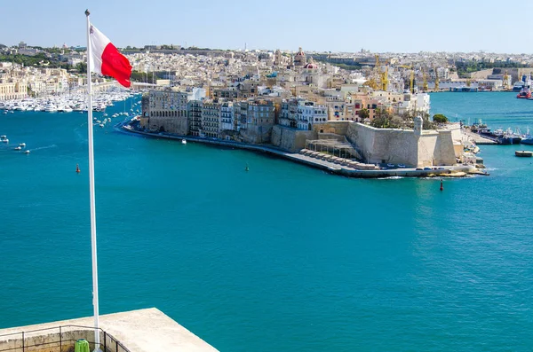 Vista Península Isla Porto Grand Harbor Valletta Saudação Battery Fort — Fotografia de Stock