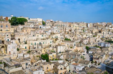Matera tarihi merkezi Sasso Barisano tarihi antik kent Sassi di Matera kaya mağara evler, Avrupa kültür başkenti, Unesco Dünya Mirası, Basilicata, Güney İtalya ile panoramik manzaralı