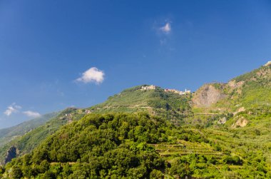 San Bernardino köyü mavi gökyüzü kopya ile yeşil tepelerin üst uzay arka plan, Corniglia, ulusal park Cinque Terre görünümünden, La Spezia eyaletinin, Liguria, İtalya