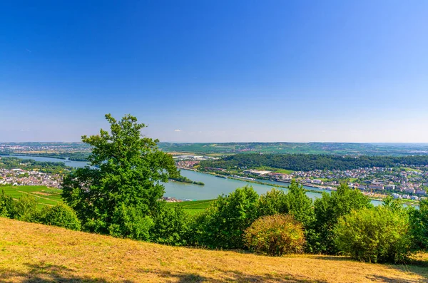 Légi panoráma a folyóra Rajna-szurdok vagy Felső-Rajna-völgyi borvidék — Stock Fotó