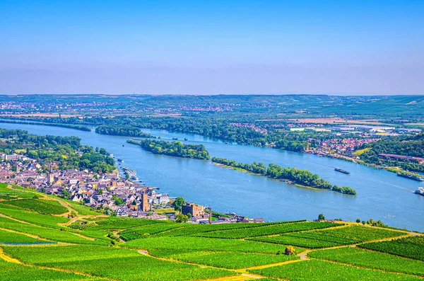 Aerial panoramic view of river Rhine Gorge or Upper Middle Rhine Valley winemaking region — Stock Photo, Image