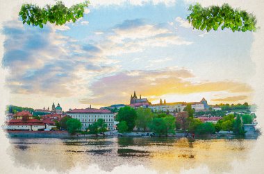 Prag tarihi şehir merkezinin suluboya çizimi. Prag Şatosu, Hradcany bölgesindeki St. Vitus Katedrali, Vltava nehri, akşam güneşinde mavi gökyüzü beyaz bulutları, Bohemya, Çek Cumhuriyeti
