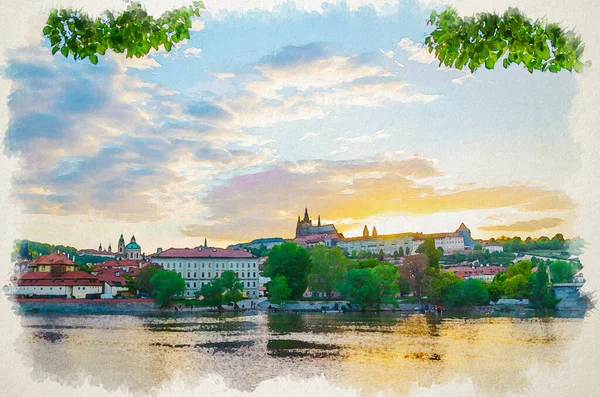 Akwarelowy Rysunek Historycznego Centrum Pragi Zamek Praski Katedra Wita Dzielnicy — Zdjęcie stockowe
