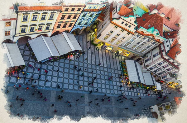 Watercolor drawing of Prague Old Town Stare Mesto historical centre. Row of buildings with colorful facades and red tiled roofs on Old Town Square Staromestske namesti in evening, Czech Republic