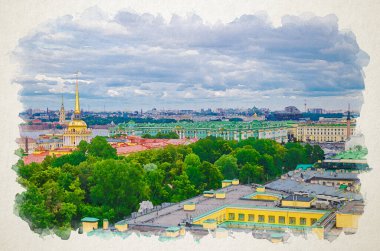 Saint Petersburg 'un tepedeki panoramik manzarasının suluboya çizimi