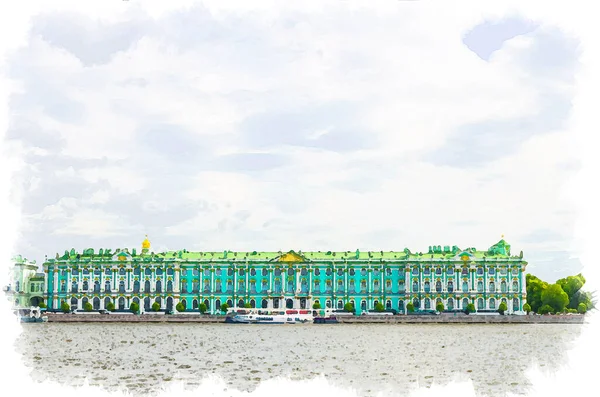 Dessin à l'aquarelle de Saint-Pétersbourg, Russie : Bâtiment du Musée de l'Ermitage — Photo