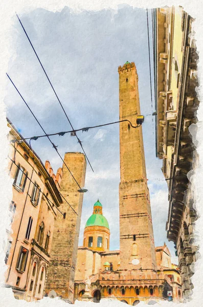 Aquareltekening van twee middeleeuwse torens van Bologna Le Due Torri — Stockfoto