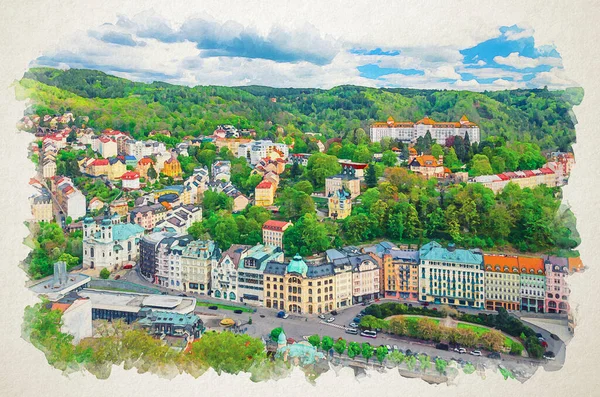 Akvarell ritning av Karlovy Vary Carlsbad historiska centrum topp antenn vy — Stockfoto