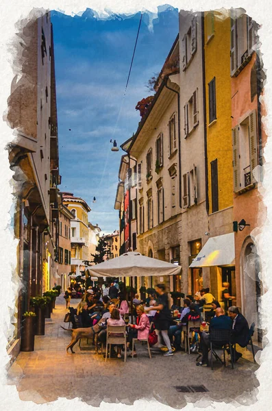 이탈리아 브레시아의 수 채색 그림: 전통적 인 오래 된 건물들이 있는 전형적 인 이탈리아의 좁은 거리 — 스톡 사진