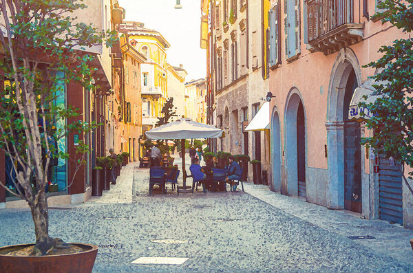 Watercolor drawing of Brescia, Italy: Typical italian narrow street with traditional old buildings, cobblestone road and street restaurant with sitting people, historical city centre, Lombardy