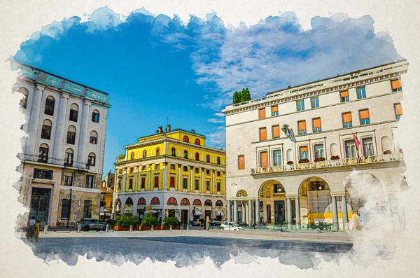 Akvarel kresby Brescia, Itálie: Assicurazioni Generali budova na Piazza della Vittoria — Stock fotografie