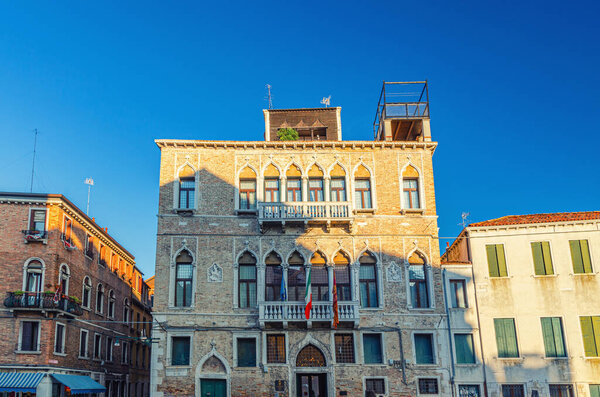 Venice, Italy, September 13, 2019: Palazzo Nani Mocenigo Palace baroque style building on fondamenta of narrow water canal in historical city centre, Veneto region