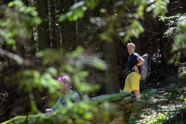 Yürüyüşçüler bir ahşap bir iz üzerinde