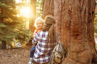 Aile ile çocuk ziyaret Sequoia national park California, ABD