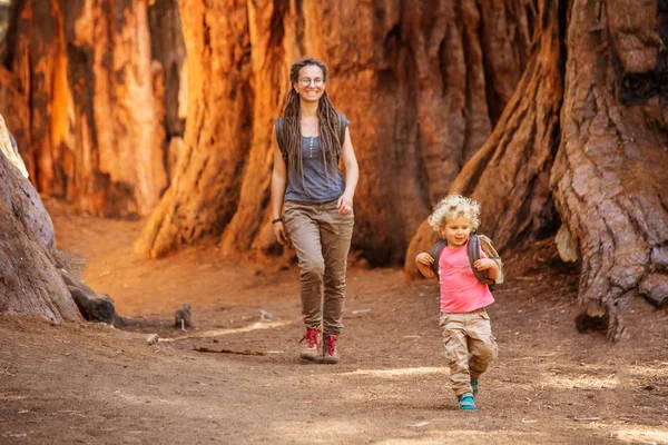 Rodziny Chłopcem Odwiedź Sequoia National Park Kalifornii Usa — Zdjęcie stockowe