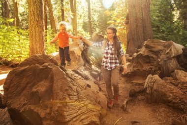 Yürümeye başlayan çocuk annesiyle ziyaret Yosemite Milli Parkı California, ABD