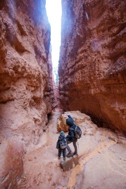 Anne oğlu ile Bryce canyon National Park, Utah, ABD'de hiking