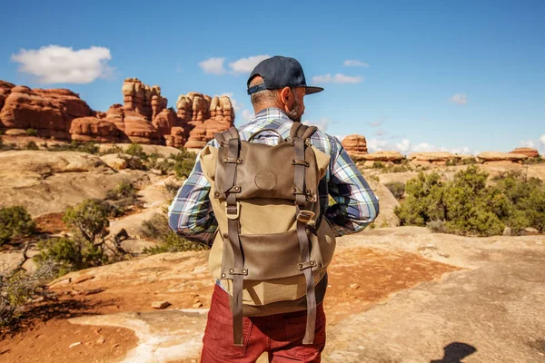 Vandrare i Canyonlands nationalpark, nålar i himlen, i Utah, — Stockfoto