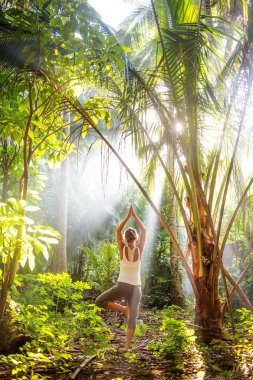 ormanda dışarıda yoga yapan kadın
