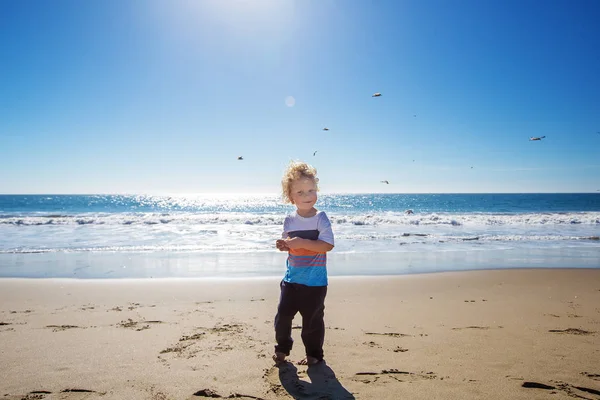 Szczęśliwy i wolny chłopiec na plaży z mewami — Zdjęcie stockowe