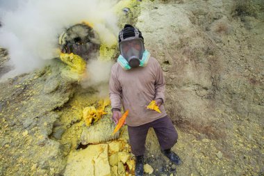 İnsanlar Ijen volkanı, Java ve Endonezya 'da sülfür çıkarıyorlar. 