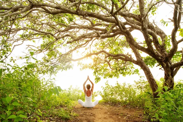 Donna Che Pratica Yoga Tramonto — Foto Stock